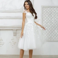 2022 modern square collar sleeveless lace appliques mid calf short wedding dress button decoration illusion backless bridal gown