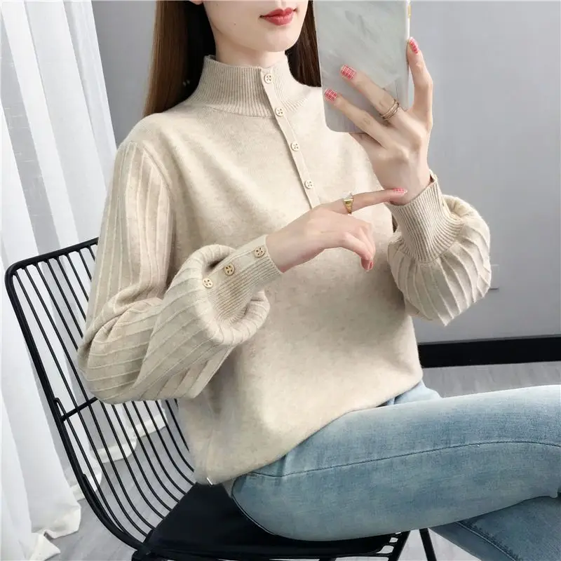 Casual Korean 2023 Women's Clothing Sweaters Loose Buttons Elegant Temperament Autumn Winter Thin Long Sleeve Half Height Collar