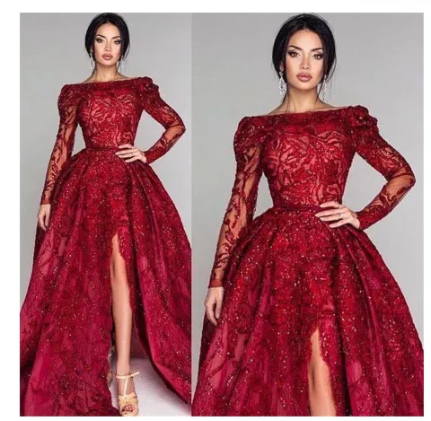 

Burgundy Long Evening Dresses Boat-Neck Zipper Vestido Gown Formal Dresses Abendkleider Dresses Robe De Soiree Longue