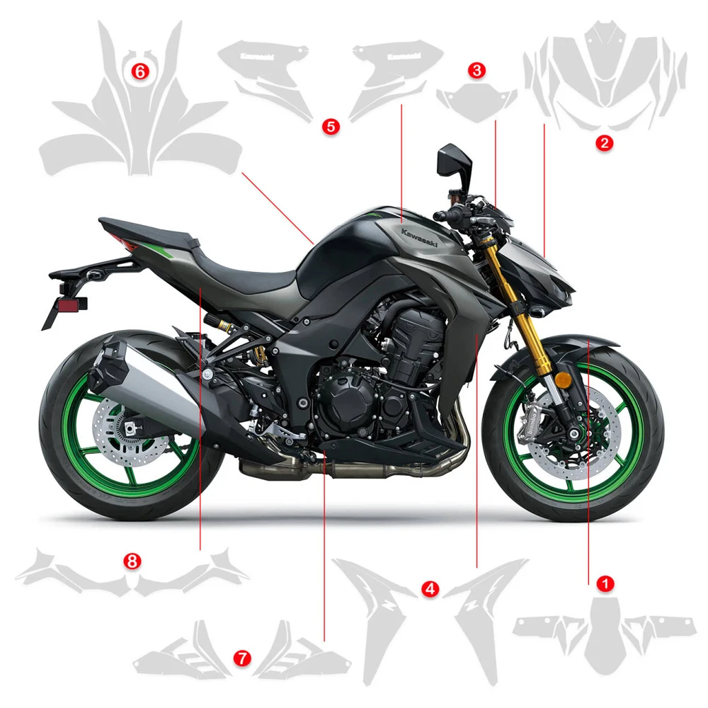 Фото Для Kawasaki Z1100 SE 2026-2027: Защитная пленка PPF TPU для мотоциклетного обвеса, антицарапийная, 7.5mil, высокоглянцевая, предварительно вырезанная №2