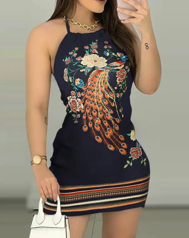 

Sexy Dresses for Women 2023 Summer Vacation Fashion Peacock Floral Print Halter Sleeveless Backless Female Mini Dress OTTD