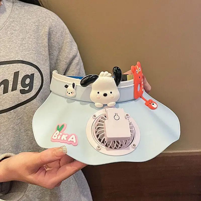 

Kawaii Sanrios Pochacco Pompom Purins Child Sun Hat with Fan Boys and Girls Summer Thin Outdoor Section Anti-Uv Empty Hat