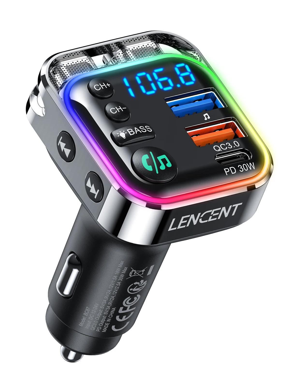 

LENCENT Bluetooth 5.3 FM-передатчик PD 30 Вт и быстрое зарядное устройство QC3.0 Автомобильный адаптер Bluetooth Hi-Fi Музыка/Прозрачный автомобильный комплект для вызова
