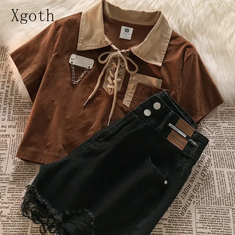Xgoth японские винтажные шорты костюм с отложным воротником футболка топ женские