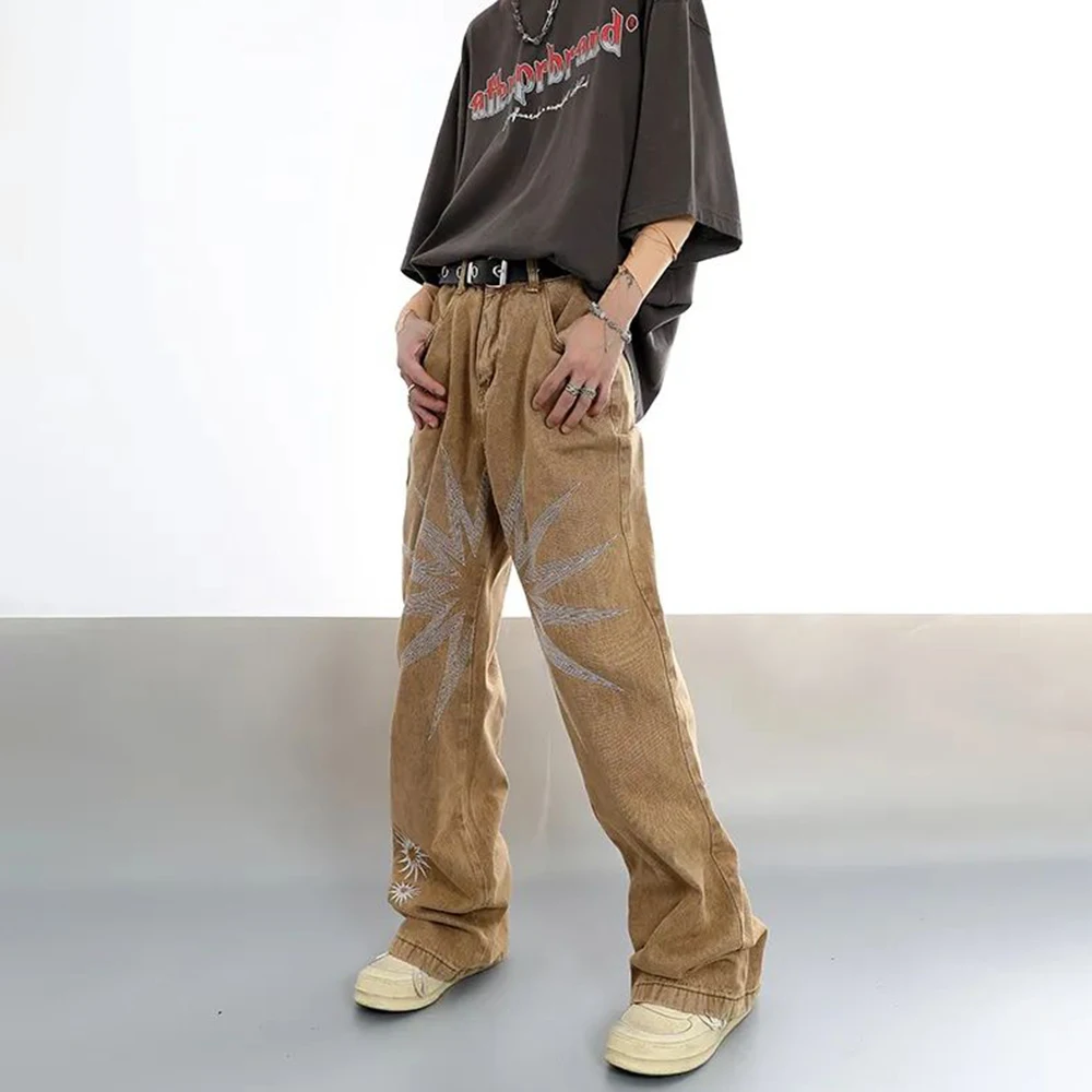 Men Street Hiphop Y2K Embroidery Stars Jeans Straight Loose Fit Pants Fashion Baggy Jeans Denim Oversize Trousers
