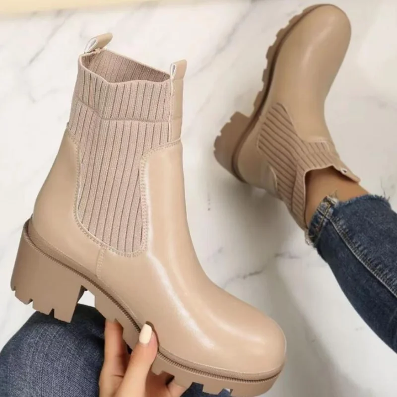 

Women's High Heels Chelsea Boots 2022 New Winter Shoes Fashion Platform Ankle Knit Biker Boots High Heels Gladiator Black Boots