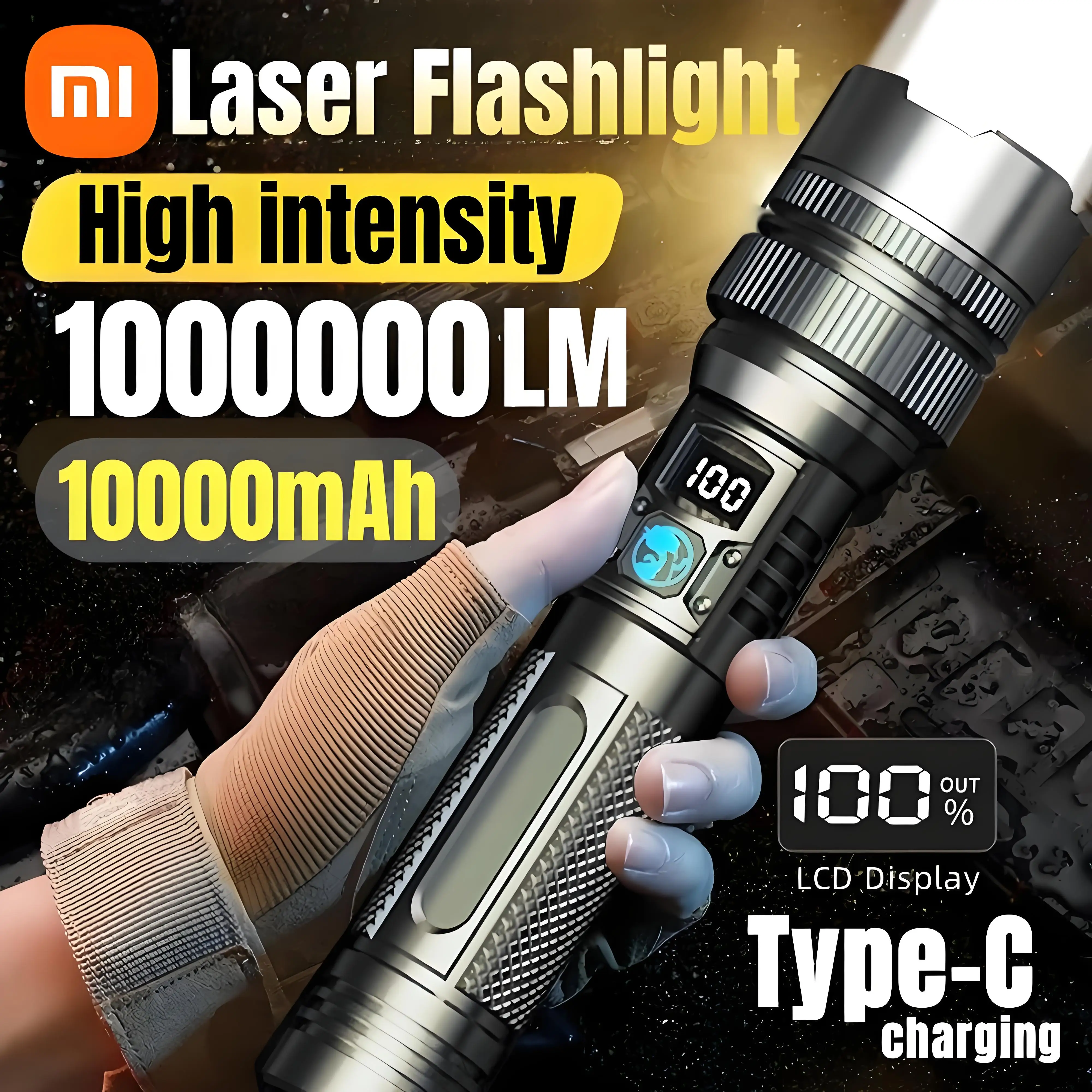Фото Xiaomi 1000000LM Супер яркий светодиодный фонарик Перезаряжаемый цифровой дисплей USB-C IPX8 Водонепроницаемый долговечный аварийный кемпинг №1