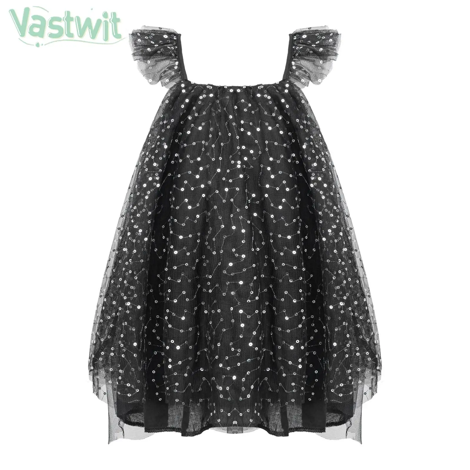 

Infant Baby Girl's Elegant Dress Sleeveless Square Collar Sparkling Sequins Decor Baby Girls Evening Wedding Party Wear Costume