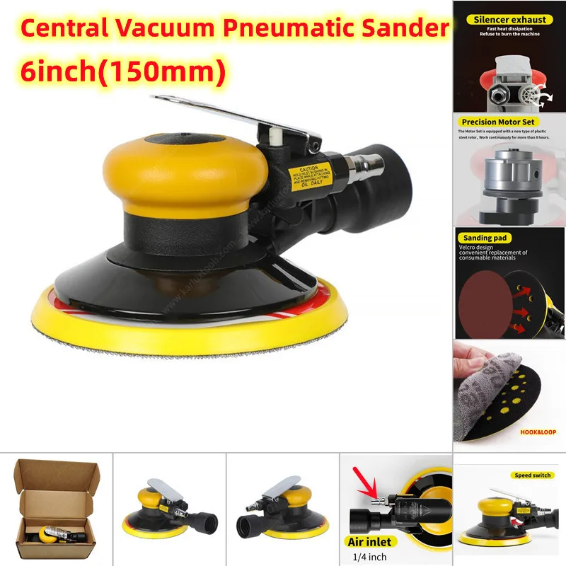 6 Inch Air Random Orbital Sander,Powerful Central-Vacuum Eccentric Grinding Machine,Pneumatic Polisher Palm Buffer Sanding Tools