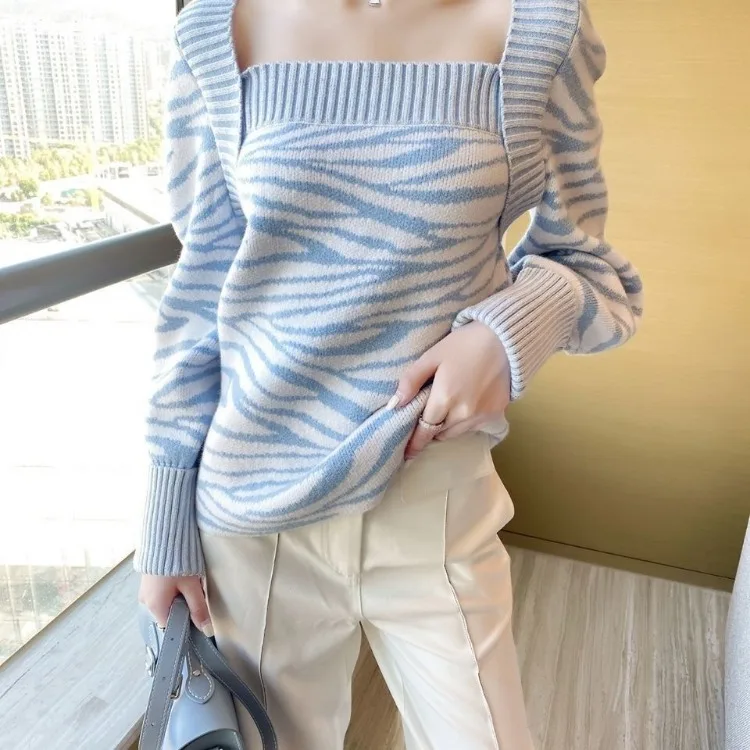 Korejepo сине-белые полоски контрастных цветов квадратный воротник ленивый свитер