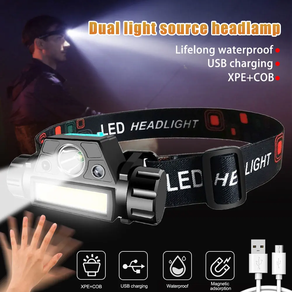 

Portable Wave Sensoring Dual Light Source XPE/COB Headlight USB Rechargeable Headlamp Waterproof Fishing Camping Torch