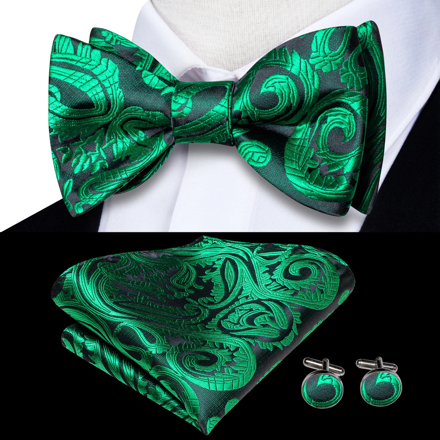 

Hi-Tie Gold Green Silk Mens Self Bow Tie Hanky Cufflinks Set Male Jacquard Floral Paisley Butterfly Knot Bowtie Wedding Business