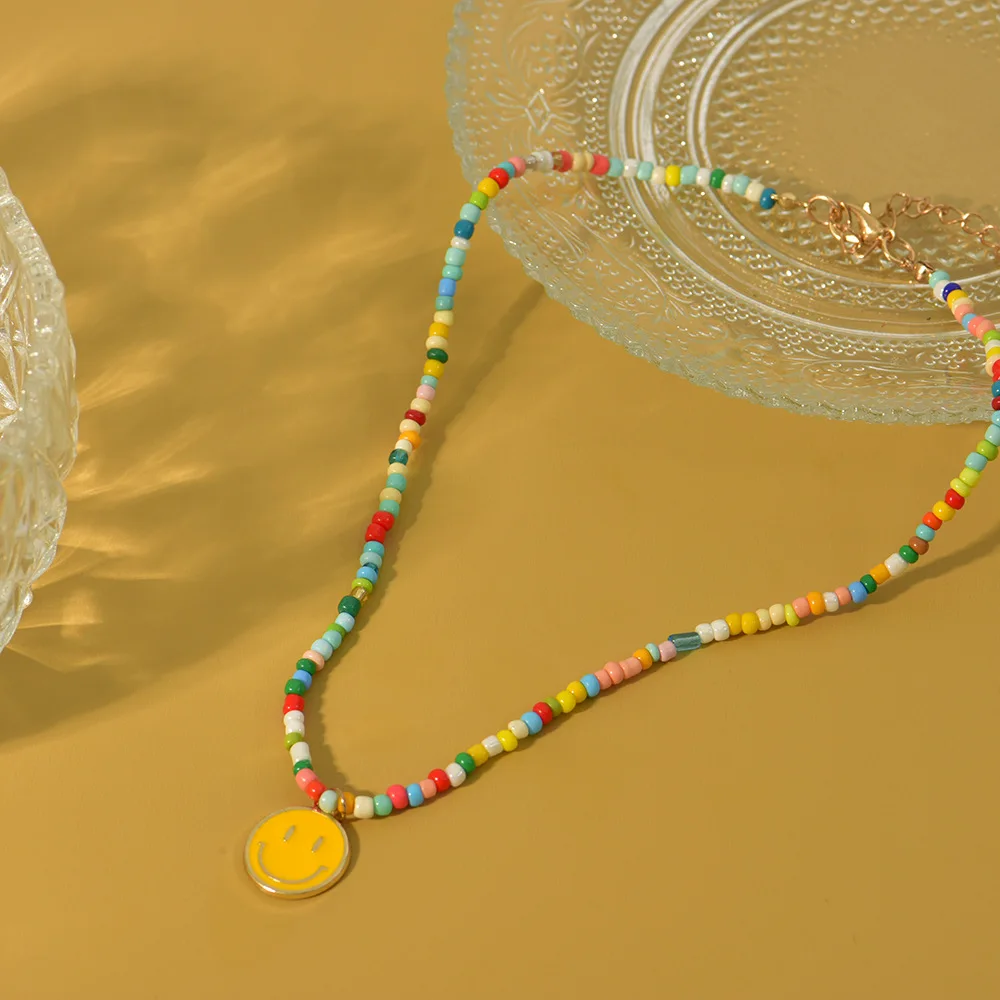 Cute Enamel Yellow Smiley Face Pendant Necklace for Women Bohemian Handmade Beaded Chain Chokers Necklace Jewelry