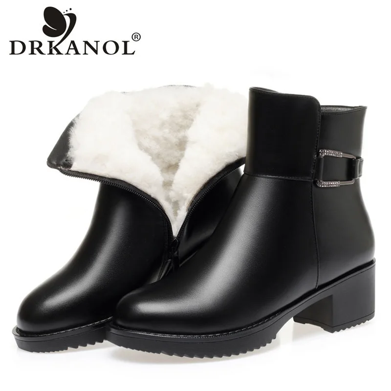 

DRKANOL Fashion Women Winter Boots Round Toe Side Zipper Natural Wool Fur Warm Shoes Women Thick High Heel Leather Ankle Boots