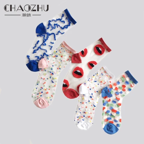 CHAOZHU 5 Pairs Young Girl Funny Cute Fashion Colorful Candy Dot Red Lips Wave Socks Sweet Women Thin Summer Ankle Crystal Sheer
