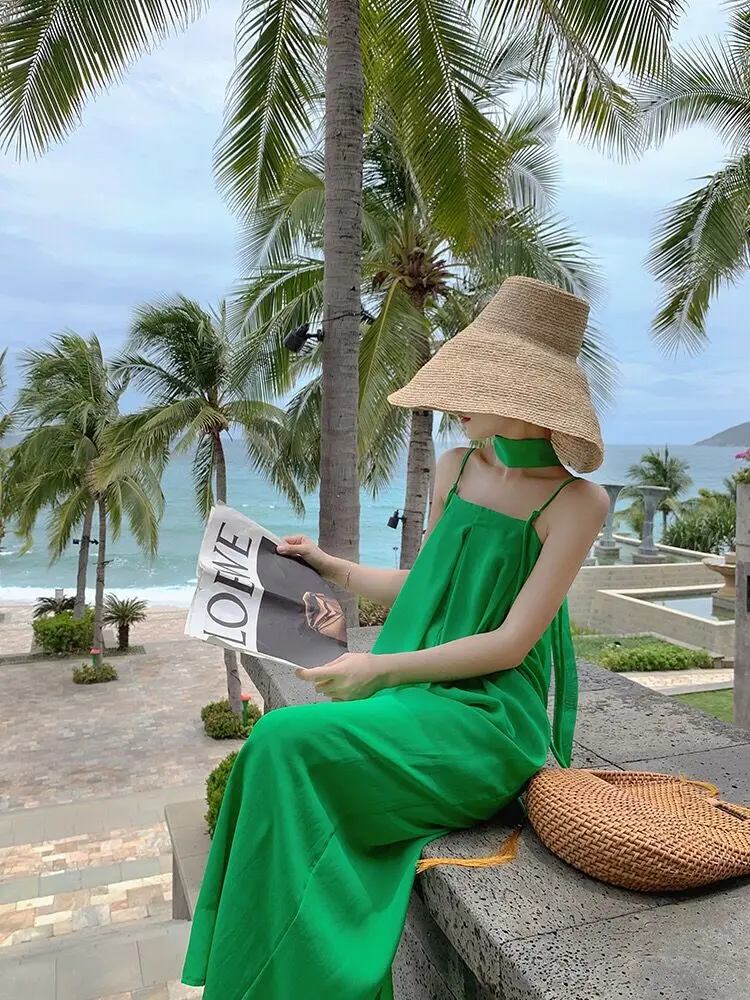 Green Jumpsuit Women Suspender Wide Leg Solid Sashes Belt Jumpsuit Overalls Tropical Beach Bohemian Holiday One-pieces Pants