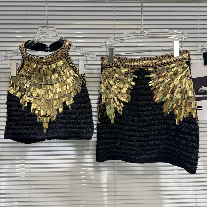 

PREPOMP 2023 Осенняя Новая коллекция Холтер золотые блестки вышитые твидовые майки Короткая юбка комплект из двух частей женские наряды GM272