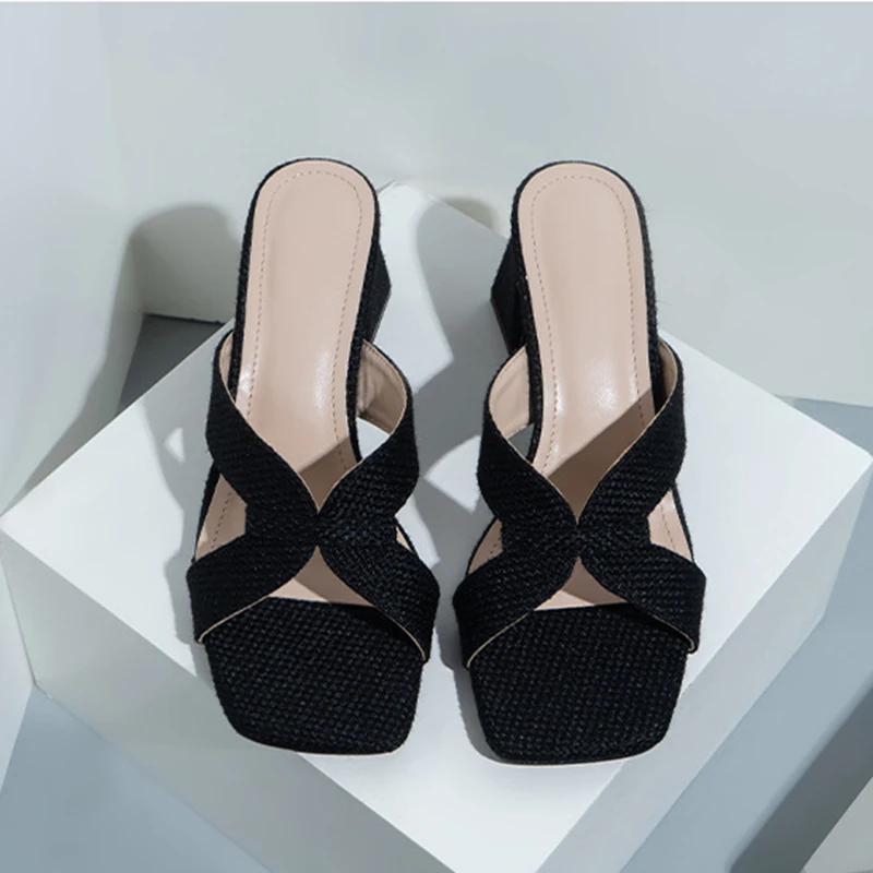 FAFA Heels Hot Linen Coarse Heel Slippers Female Summer Sandals High Heel Sandals Female Shoes Europe And The United States