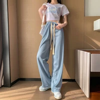 mingliusili blue sports wide leg pants autumn 2022 new korean fashion ice silk sweatpants women baggy high waist trousers