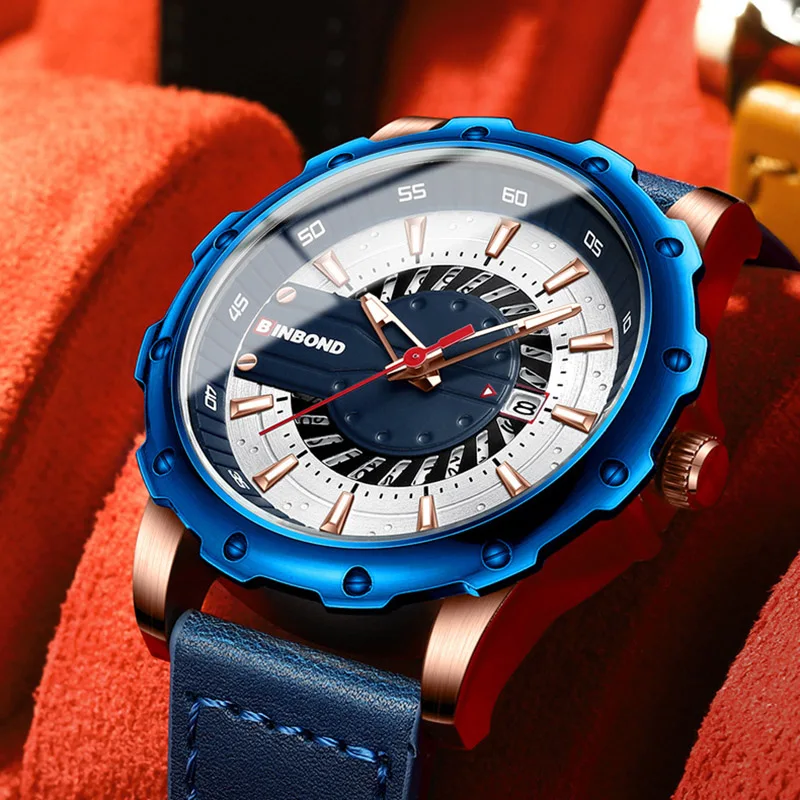 

Часы-скелетоны BINBOND мужские спортивные, модные повседневные водонепроницаемые светящиеся с кожаным ремешком, креативные наручные, с гоночным циферблатом