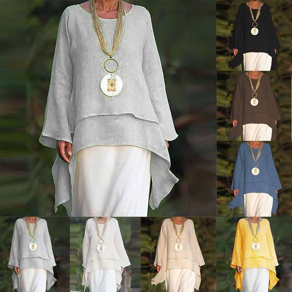 

2023HOT Free Shipping Plus Size women's t-shirts Irregular Linen Long Sleeve t shirt femme 2019 Crew summer