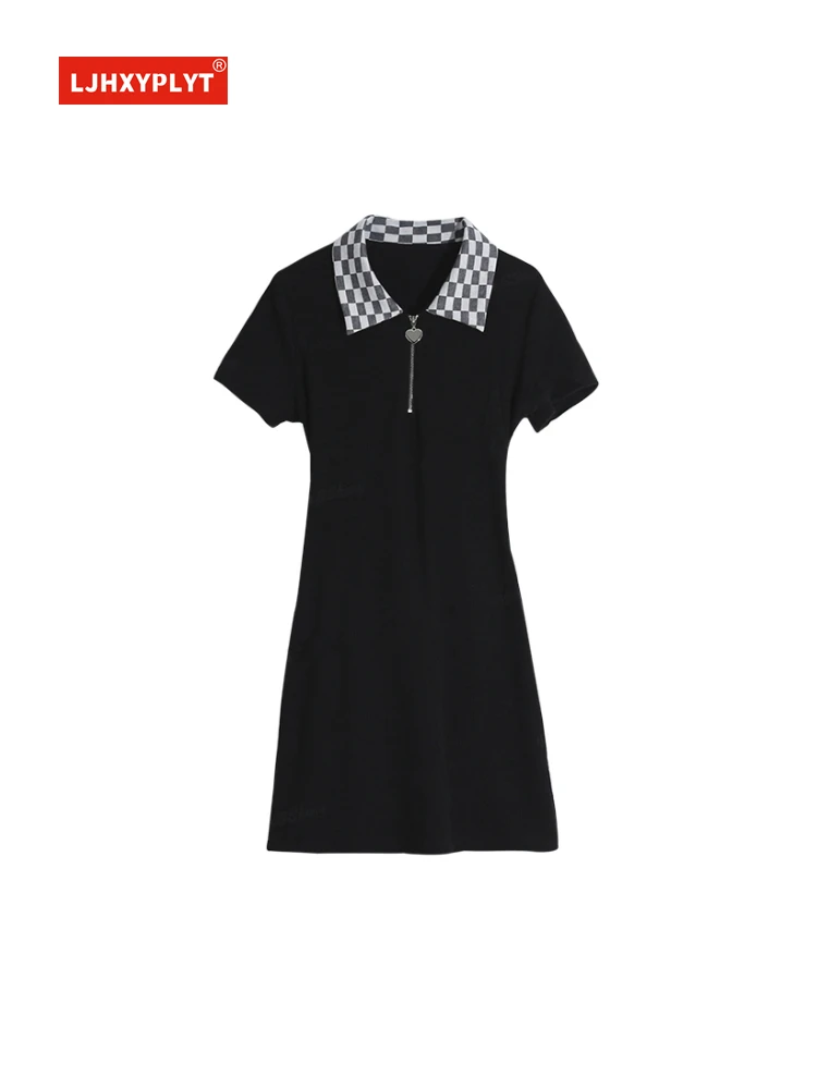 

Bow Black Bag Hip Dress Women's Summer New College Style Hollow Design Solid Color Short-sleeved Polo Collar Short Skirt Female