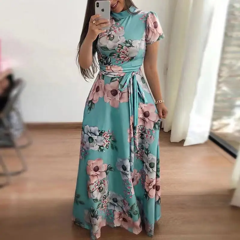 

Women Elegant Short Sleeve Flower Print Long Dress Women Casual Slim Sashes O-neck High Waist Robe Party Maxi Vestidos Plus Size