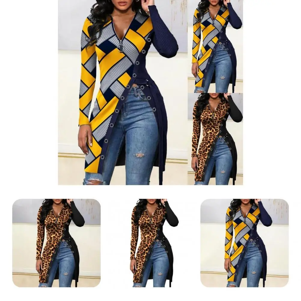 

Women Blouse Skinny Pullover Blouse Patchwork Print Split Hem Tunic Top