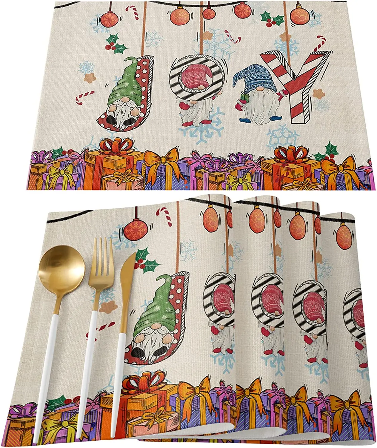 

Christmas Placemats for Dining Table Xmas Gnoemes Balls Gift Joy Placemats Set of 4 Washable Table Mats for Home Kitchen