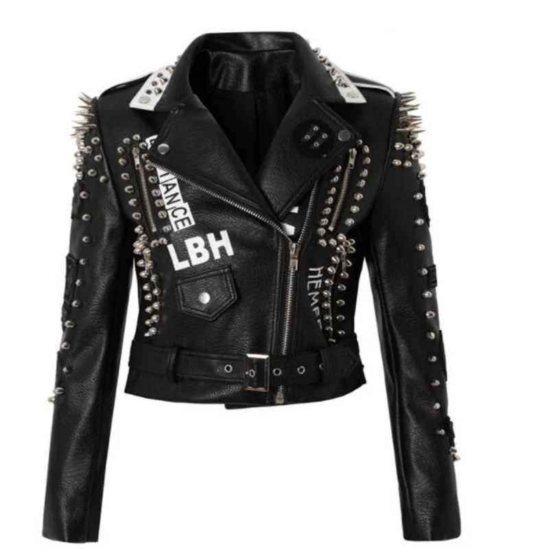 New punk rock womens leather jacket European and American fashion graffiti rivet jacket veste femme chaqueta mujer black spring