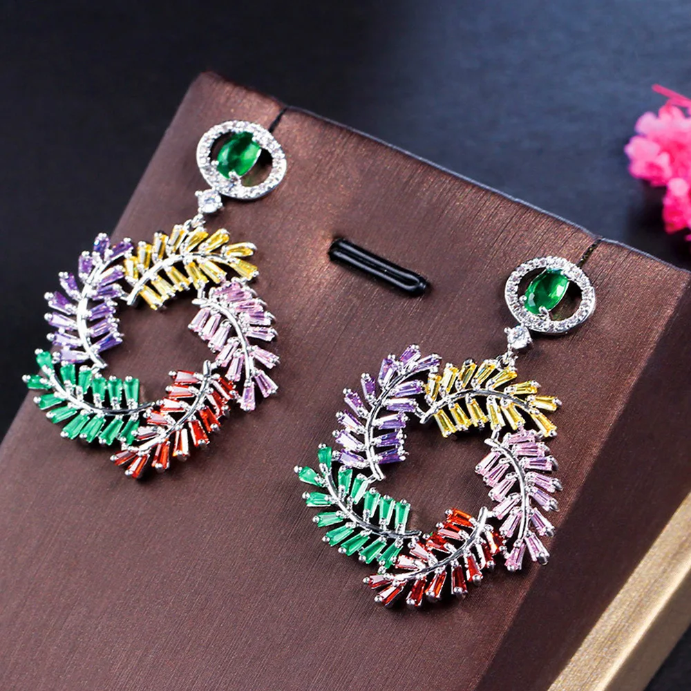 

CWWZircons Unique Colorful Baguette CZ Cubic Zircon Long Drop Dangle Leaf Earrings for Women Party Wedding Accesorries CZ331
