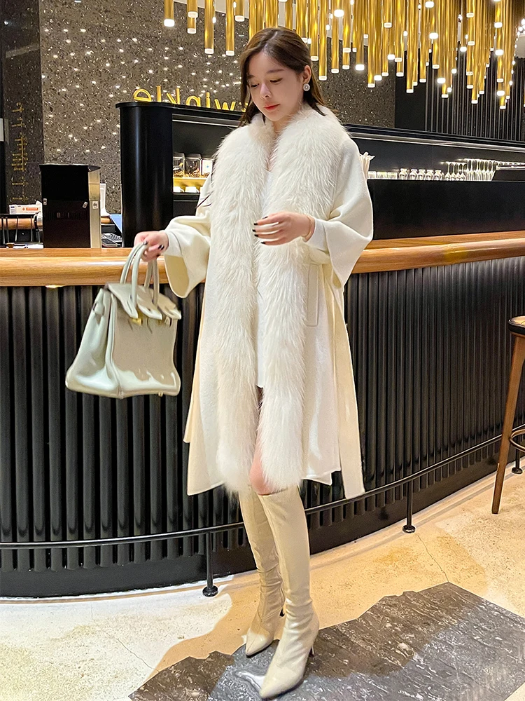 2022 winter new raccoon fur lace-up woolen coatHigh-end big white Raccoon fur collar double-sided cashmere coat women's mid-leng enlarge