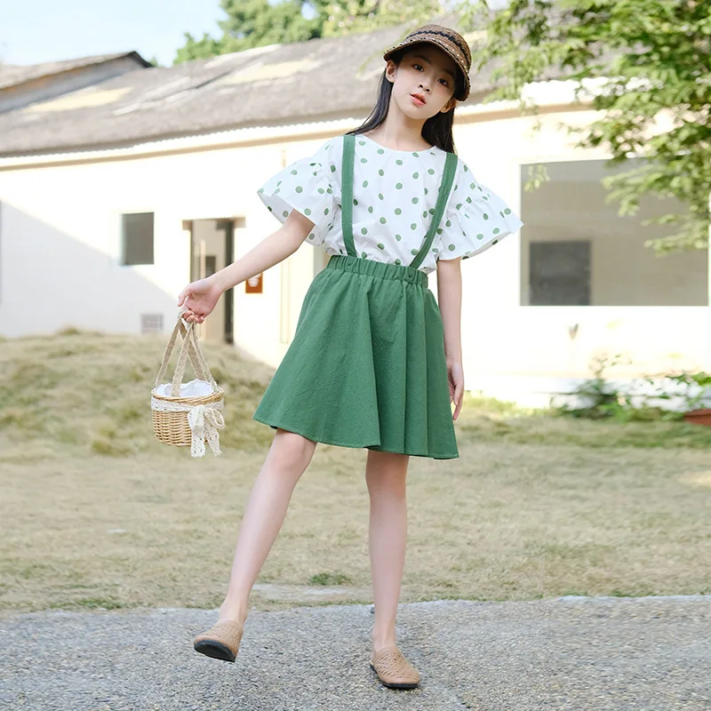 

8 10 years Green Polka Dot Skirts Set Puff Sleeve Shirt Sweet Casual 2 piece Clothing Teenage Girls Outfits Summer