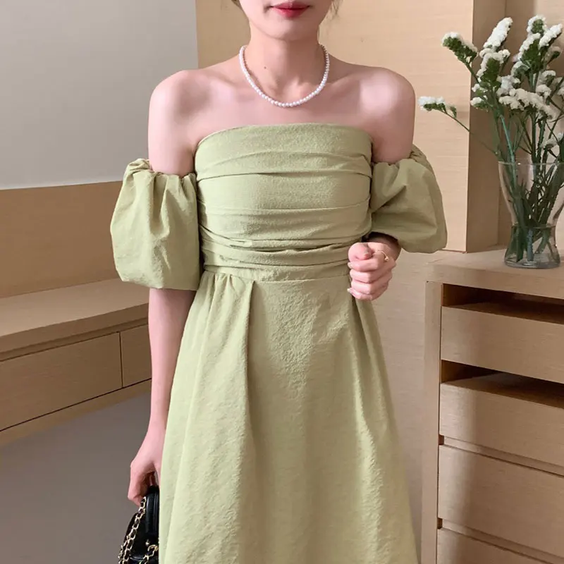 

Puff Sleeve Long Vestido Feminino Korean Chic Summer Elegant One-word Collar Robe Strapless Tube Top Slim Waist Woman Dress