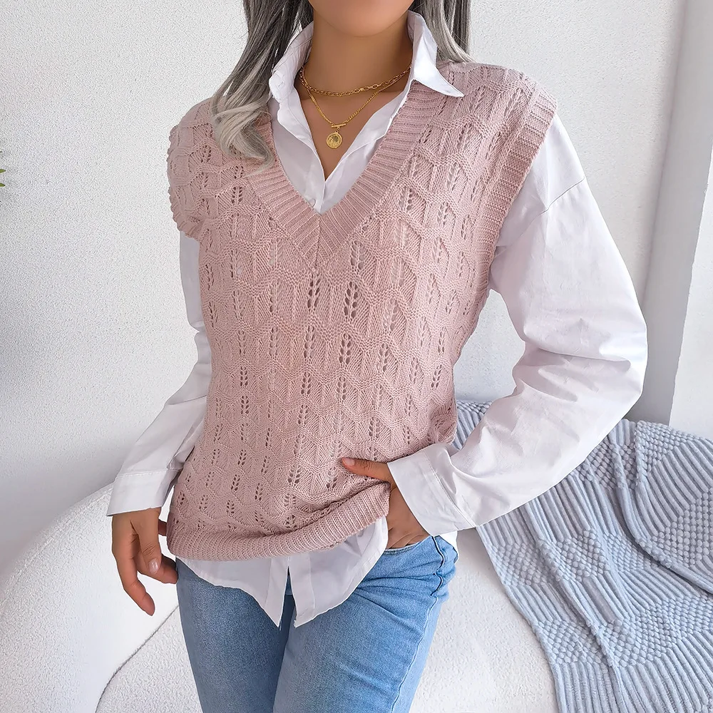 

Autumn Knitted Women Vest Wave Hollow Out Sweater Woman Knitwears V Neck Solid Color Sleeveless Vests for Women Women's Clothing