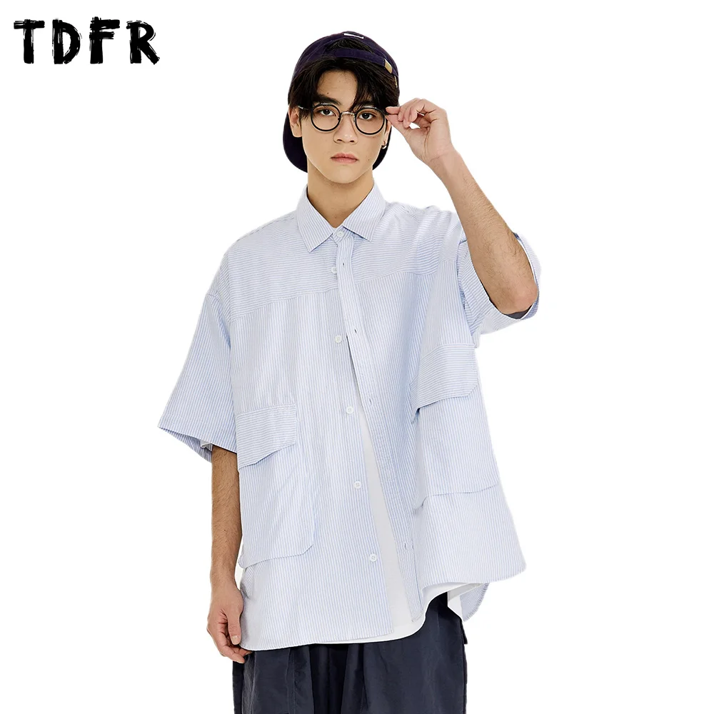 العمودي المشارب البضائع قصيرة الأكمام قمصان رجالي الصيف مقلمة التلبيب عادية فضفاض نصف كم قميص الرجال الأعلى