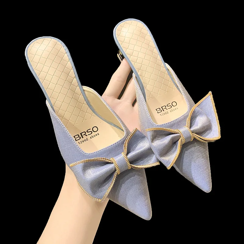 

Slippers Women Summer Med Female Shoes Pointed Toe Low Luxury Slides 2022 Cover Designer PU Basic Rome Fabric Rubber Hoof Heels