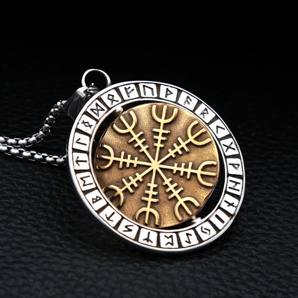 

Vintage Nordic Compass Gold Necklace Stainless Steel Viking Rune Rotatable Pendant Men's Biker Amulet Jewelry Gift Wholesale
