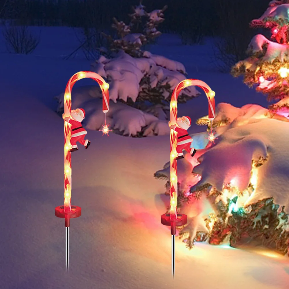 2 Pack Xmas Stake Light with Snow Flower Santa IP65 Waterproof Solar Xmas Candy Cane Light for Yard Patio Landscape Garden Decor