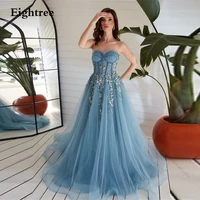 eightree sky blue long shiny lace a line tulle evening dresses appliques sleeveless party prom gown formal night dresses