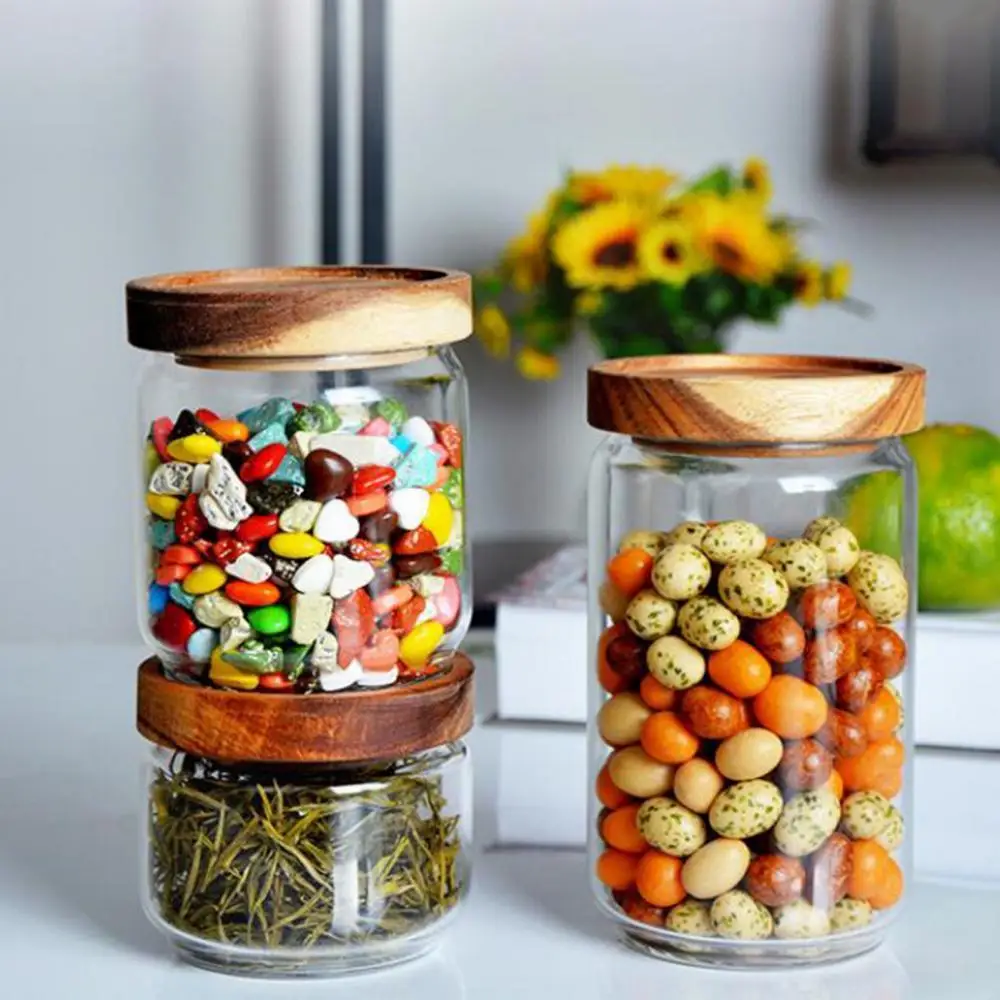 

Airtight Glass with Wood Lid Bottle Tea Coffee Beans Grains Food Jar Container