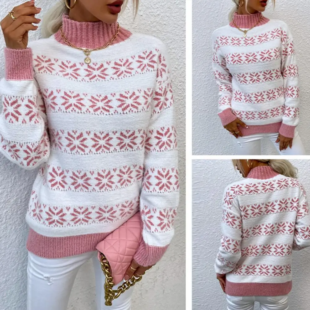 

Chic Xmas Sweater Ribbed Trim Coldproof Soft Women Christmas Themed Print Warm Sweater
