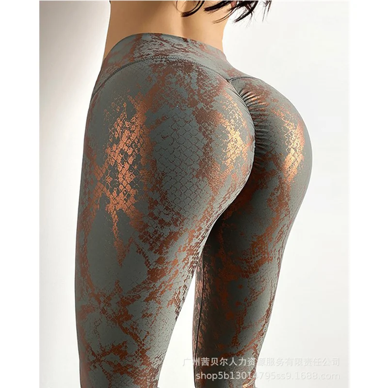 Women Fitness Leggings Elegant Snakeskin Print Bronzing High Waist Butt Lifting Tummy Control Yoga Sport Pants