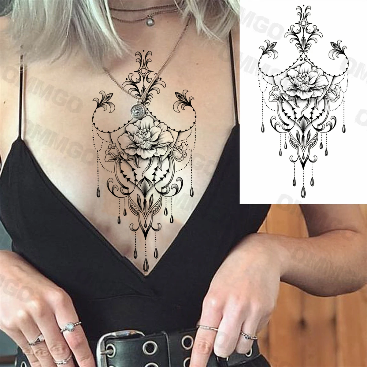 

Black Rose Flower Pendant Sexy Chest Temporary Tattoos For Women Adult Peony Mandala Fake Tattoo Body Art Decoration Tatoo Paper