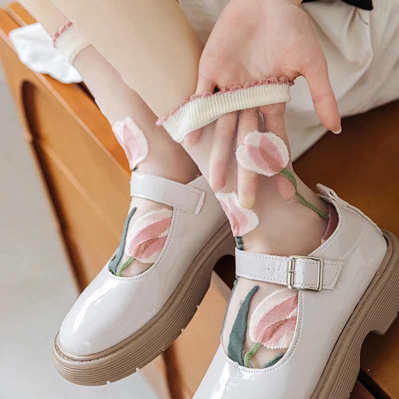 1pair Summer Ultrathin Flower Print Silk Socks for Women Girls Fashion Streetwear Transparent Crystal Elastic Middle Tube Socks