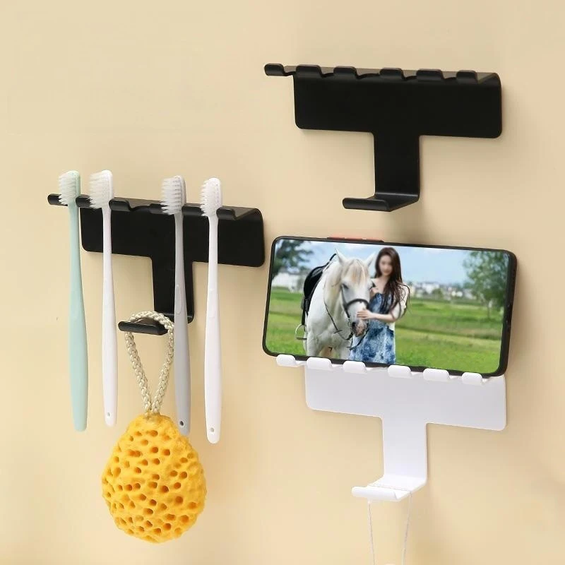 

Wall Mounted Toothbrush Holder Self-adhesive Toothbrush Stand Rack Bathroom Shelf Towel Hook Phone Holder Bathroom Accessory