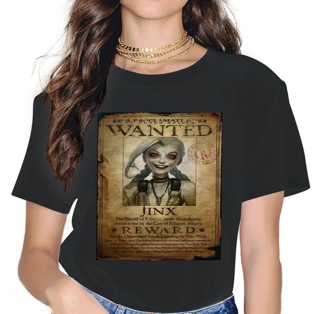 

Wanted Jinx Female Shirts Arcane League of Legends LOL Anime Oversized Vintage Women Top Harajuku Casual Feminine Blusas