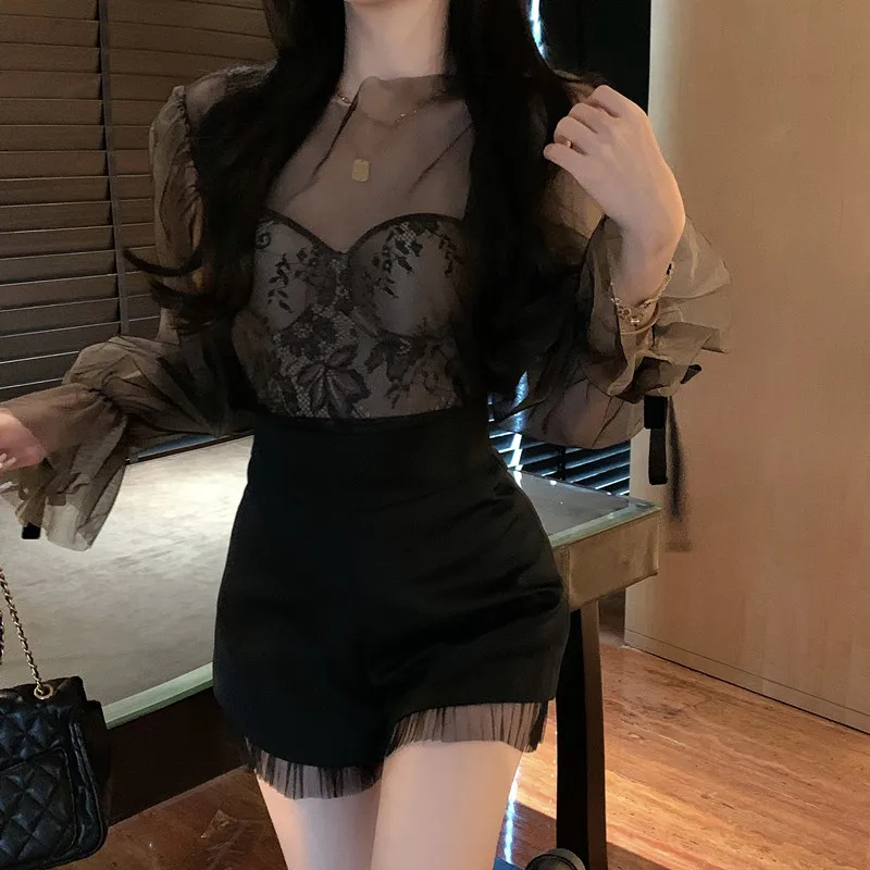 Chic Girl Outfits 3 Piece Sets Flare Sleeve Mesh Shirt&Black Lace Camis Vest&High Waist Mini Shorts Fashion 3pc Matching Suit