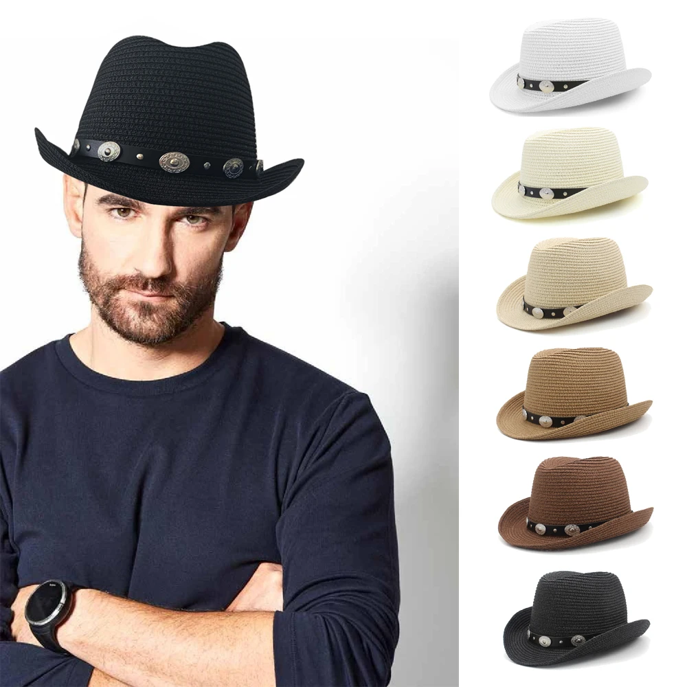 

Men Women Summer Solid Straw Homburg Hats Classical Retro Fedora Caps Trilby Sunhat Party Beach Travel Outdoor Adjustable Size