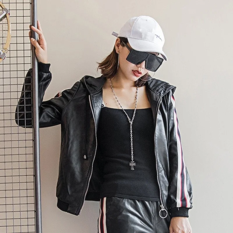 

Female hooded bomber jacket, genuine sheepskin jacket with colored stripes